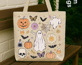 Cute Halloween Tote Bag, Ghost Pumpkin Tote, Spooky Aesthetic Bag, Fall Shopping Tote, Trick or Treat Bag, Halloween Market Tote, Ghost Bag