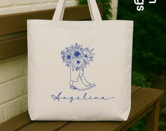 Personalized Cowgirl Boots Tote Bag, Custom Name Western Tote, Floral Cowboy Boot Bag, Country Style Tote, Gift For Cowgirls