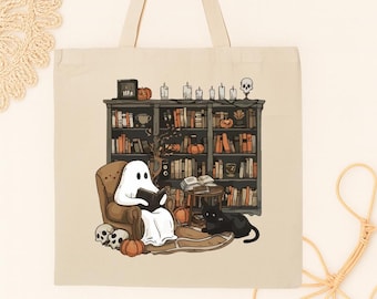 Ghost Reading Tote Bag, Cute Spooky Book Lover Bag, Halloween Bookworm Tote, Ghost Library Bag, Witchy Goth Aesthetic Tote, Fall Book Tote