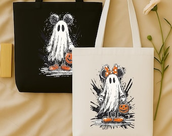 Retro Mickey and Minnie Tote Bag, Ghost Costume Tote Bag, Cute Halloween Trick or Treat Bag, Spooky Ghost Tote, Halloween Gift Tote Bag