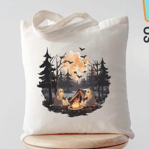 Halloween Camping Tote Bag, Ghost Reading Tote, Spooky Camper Tote, Campfire Ghost Bag, Autumn Camping Tote, Fall Camp Life Gift bild 1