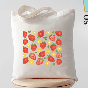 Strawberry Tote Bag, Cute Strawberry Shopper, Reusable Grocery Tote, Strawberry Lover Gift, Farmers Market Tote, Eco Friendly Summer Bag