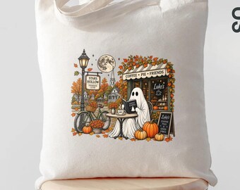 Halloween Coffee Tote Bag, Cozy Fall Ghost Bag, Autumn Book Lover Tote, Cute Spooky Market Bag