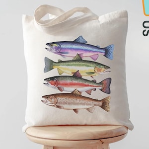 May include: A cream-colored tote bag featuring a watercolor illustration of four colorful fish. The fish are arranged vertically, showcasing a variety of hues including blue, green, red, and brown. The bag has a simple design with a handle and the text "Custom ToteBags US".