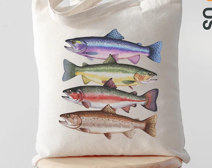 Fly Fishing Canvas Bag, Colorful Trout Tote Bag, Abstract Trout Fish Art Tote, Fisherman Gift Bag, River Fish Species Tote