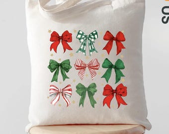 Coquette Christmas Bow Tote Bag, Cute Holiday Tote, Pink Christmas Tote, Aesthetic Xmas Tote Bag, Girly Christmas Gift, Womens Holiday Bag