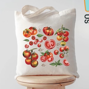 Peut inclure: Un sac fourre-tout blanc avec une illustration à l'aquarelle de tomates entières et coupées, ainsi que des feuilles de basilic. Le sac a une anse et le texte "Custom ToteBags US".