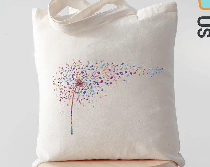 Colorful Dandelion Music Notes Tote Bag, Musical Canvas Bag, Music Lover Gift, Unique Music Teacher Tote, Rainbow Music Themed Bag