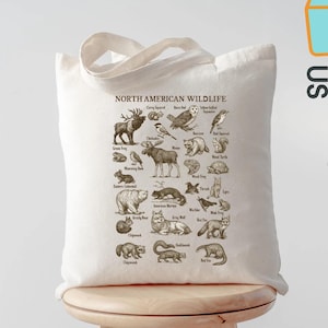 May include: A natural-toned tote bag displaying a detailed illustration of North American wildlife. The design includes various animals such as deer, bears, and birds, with the text "NORTH AMERICAN WILDLIFE" at the top. The bag has a simple handle and is displayed on a wooden stool.