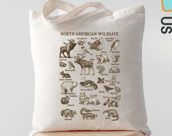 May include: A cream-colored tote bag featuring a detailed illustration of North American wildlife. The design includes various animals such as deer, bears, and birds, with the text "NORTH AMERICAN WILDLIFE" at the top. The bag has a simple handle and is displayed on a wooden stool.