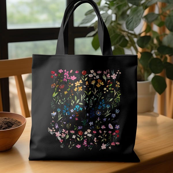 Floral Tote Bag, Boho Flower Canvas Tote, Colorful Wildflower Bag, Botanical Tote Bag, Nature Lover Gift, Wildflower Aesthetic Flower Tote