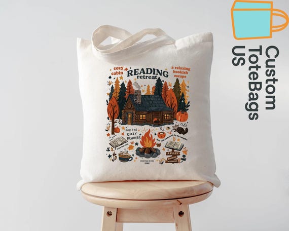 Autumn Reading Tote Bag, Cozy Cabin Book Lover Bag, Fall Bookworm Gift Tote, Reading Retreat Bag, Cozy Fall Aesthetic Tote