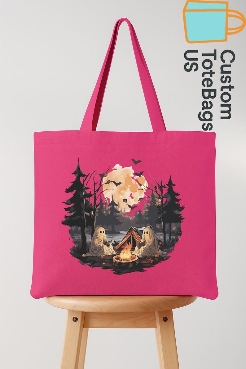 Halloween Camping Tote Bag, Ghost Reading Tote, Spooky Camper Tote, Campfire Ghost Bag, Autumn Camping Tote, Fall Camp Life Gift bild 6