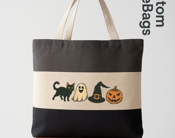 Pumpkin Ghost Cat Witch Tote, Retro Halloween Tote Bag, Vintage Spooky Canvas Bag, Trick or Treat Bag, Fall Reusable Shopping Tote