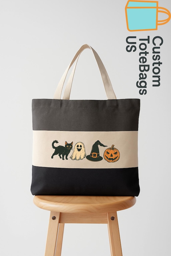 Pumpkin Ghost Cat Witch Tote, Retro Halloween Tote Bag, Vintage Spooky Canvas Bag, Trick or Treat Bag, Fall Reusable Shopping Tote