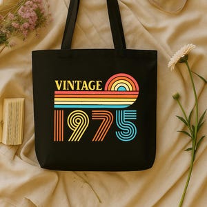 Vintage 1975 Tote Bag, Retro 50th Birthday Gift, 1975 Birthday Tote, Black Retro Bag,50 Years Old Gift,1975 Gift for Her, Retro Birthday Bag