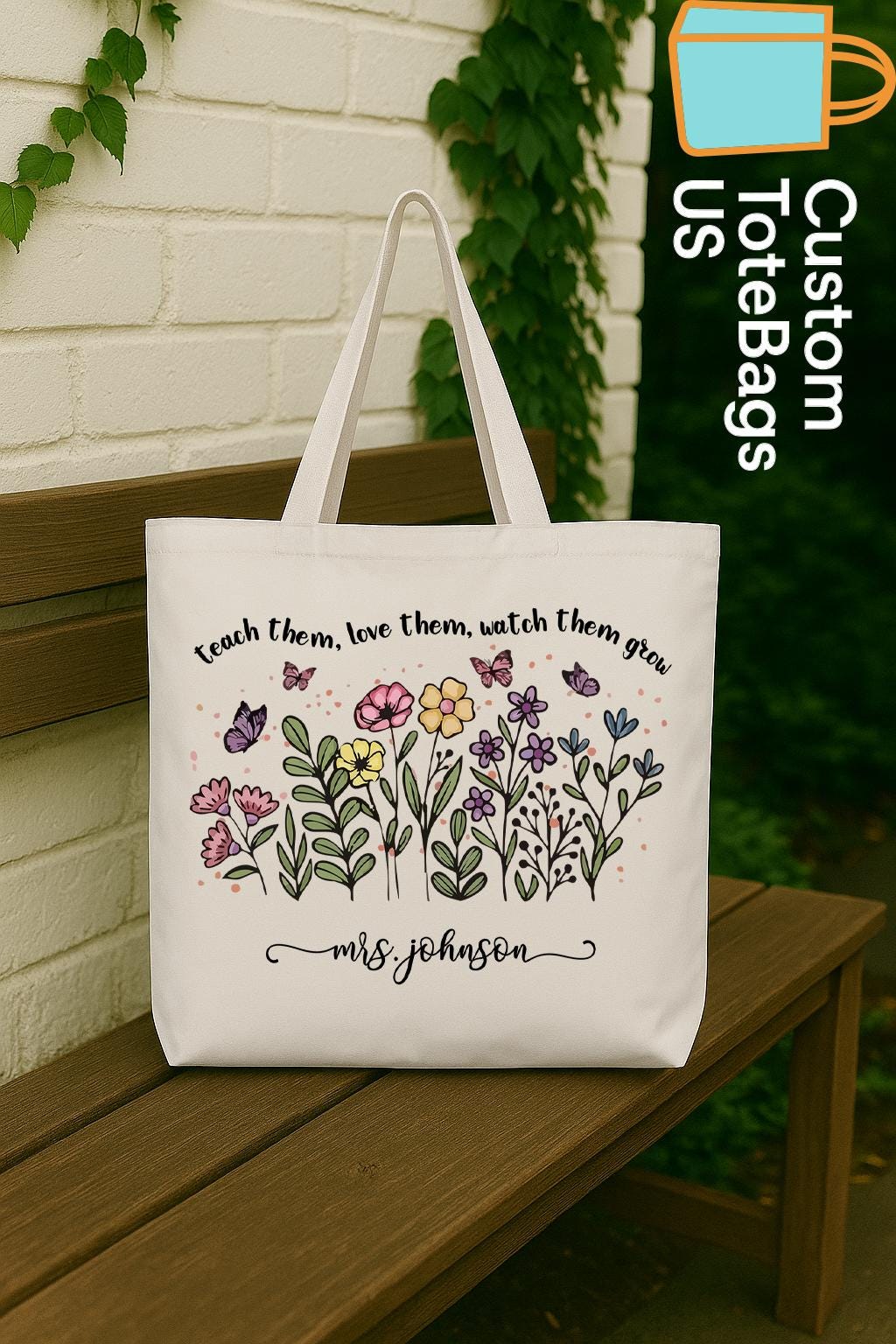 Personalized Teacher Tote Bag, Custom Teacher Gift, Teach Love Grow Bag ...