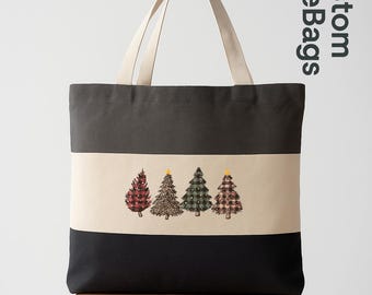 Christmas Tree Tote Bag, Holiday Shopper Bag, Festive Xmas Gift Tote, Cute Christmas Trees Canvas Bag, Winter Holiday Tote Bag