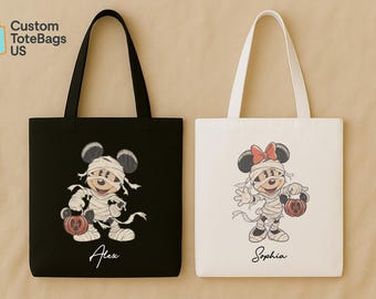 Custom Mickey and Minnie Tote Bag, Personalized Halloween Tote, Trick or Treat Bag, Custom Name Tote Bag, Mickey Minnie Halloween Style Bag