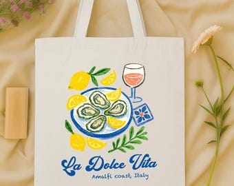 La Dolce Vita Tote Bag, Amalfi Coast Italy Bag, Lemon Oyster Tote, Italian Market Bag, Mediterranean Food Tote, Travel Gift, Coastal Tote