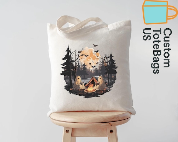 Halloween Camping Tote Bag, Ghost Reading Tote, Spooky Camper Tote, Campfire Ghost Bag, Autumn Camping Tote, Fall Camp Life Gift