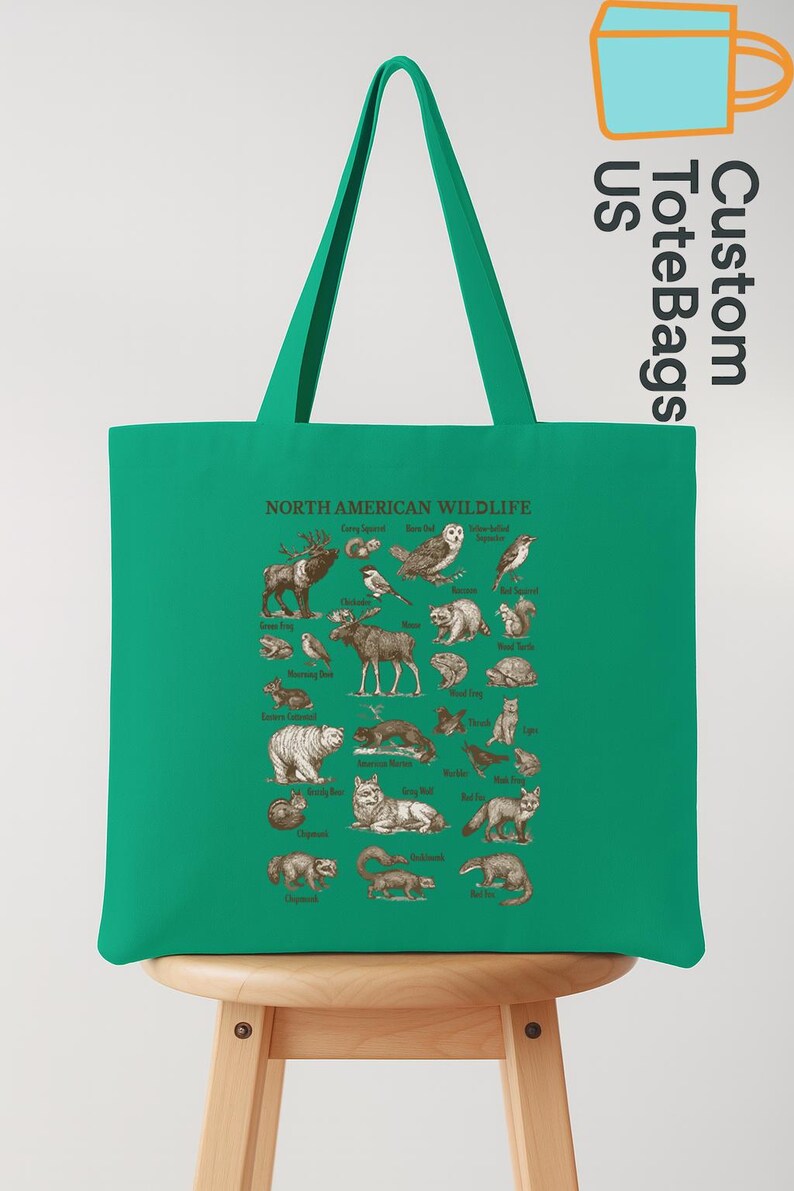 May include: A green tote bag displaying an illustrated guide to North American wildlife. The design includes animals like deer, birds, and bears, each labelled. The bag has long green handles and the text "NORTH AMERICAN WILDLIFE". The bag is made of a durable material.