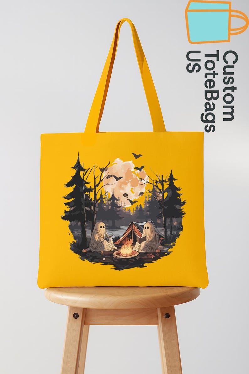 Halloween Camping Tote Bag, Ghost Reading Tote, Spooky Camper Tote, Campfire Ghost Bag, Autumn Camping Tote, Fall Camp Life Gift bild 5