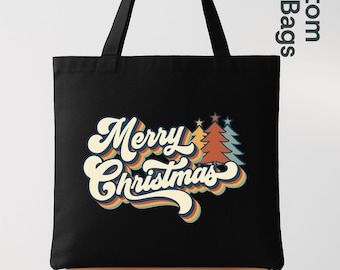 Merry Christmas Tote Bag, Retro 70s Christmas Tote, Vintage Holiday Bag, Merry Christmas Gift Tote, Family Christmas Shopper, Xmas Tote Bag