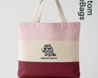 I Require Snacks Tote Bag, Funny Raccoon Tote, Cute Animal Tote, Snack Lover Bag, Foodie Gift Tote, Humor Canvas Tote, Reusable Grocery Bag