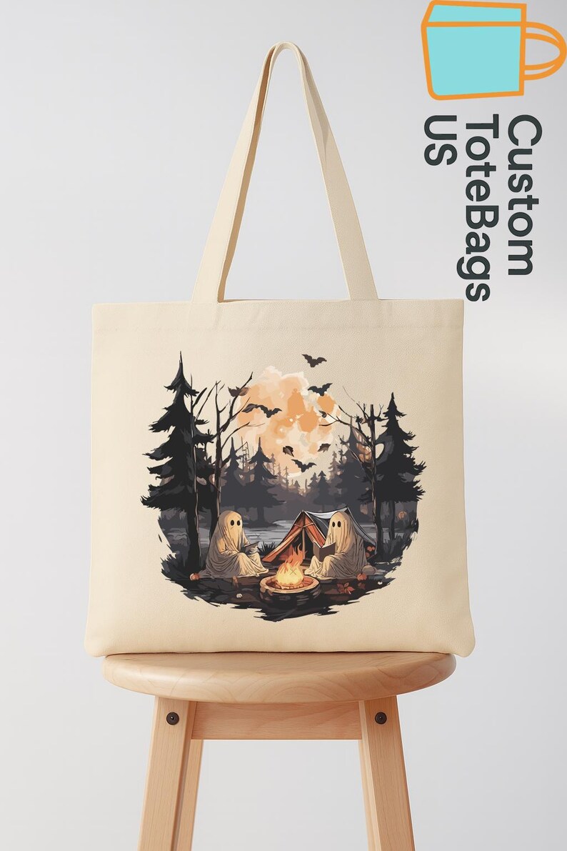 Halloween Camping Tote Bag, Ghost Reading Tote, Spooky Camper Tote, Campfire Ghost Bag, Autumn Camping Tote, Fall Camp Life Gift bild 8