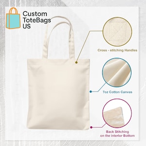 May include: A cream-coloured tote bag with cross-stitched handles, made from 7oz cotton canvas. It has back stitching on the interior bottom. The text "Custom ToteBags US" is visible on the upper left.