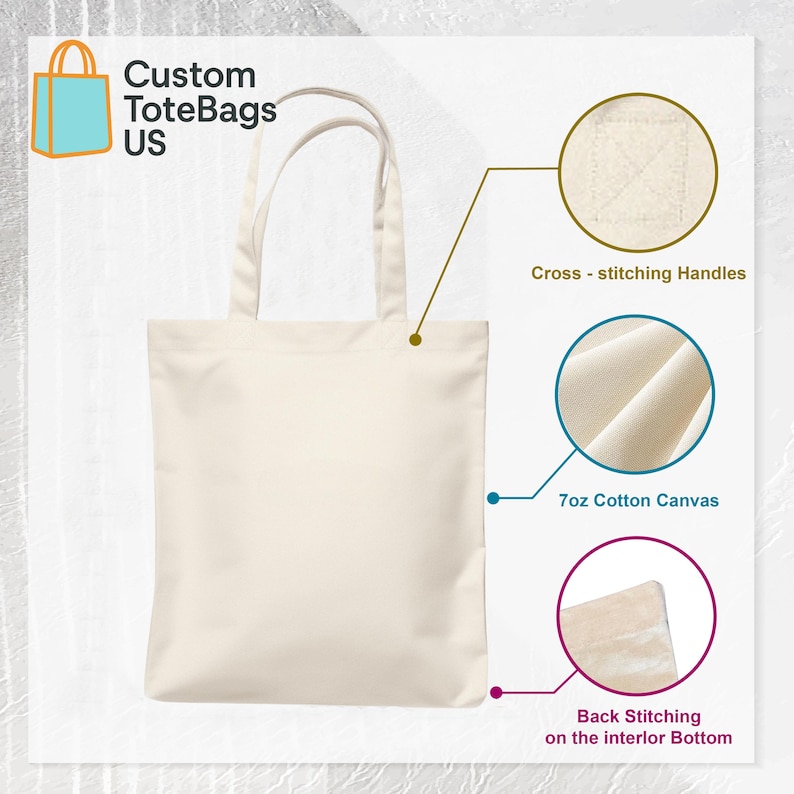 May include: A cream-coloured tote bag with cross-stitched handles, made from 7oz cotton canvas. It has back stitching on the interior bottom. The text "Custom ToteBags US" is visible on the upper left.