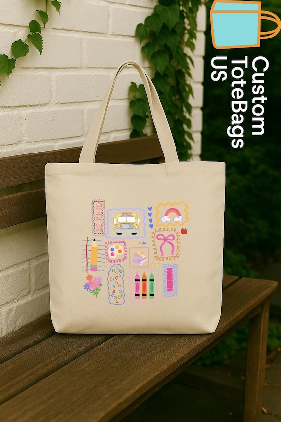 Teacher Doodle Icons Tote Bag, Cute Teacher Aesthetic Tote, Back to School Teacher Gift, Classroom Essentials Bag, Kindergarten Teacher Gift