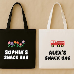 Personalized Kids Snack Tote Bag, Custom Name Tote Bag, School Snack Bag, Flower Fire Truck Bag, Nursery Tote, Kids Snack Bag, Preschool Bag