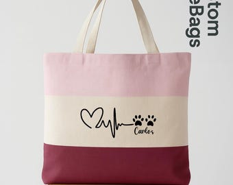 Personalized Dog Paw Tote Bag, Custom Pet Name Tote, Heartbeat Dog Mom Bag, Pet Lover Gift Tote, Dog Mom Tote Bag