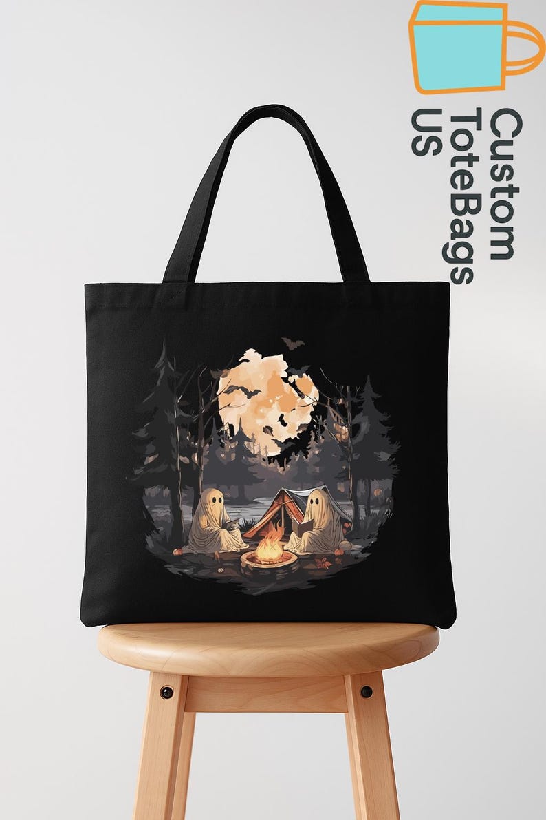 Halloween Camping Tote Bag, Ghost Reading Tote, Spooky Camper Tote, Campfire Ghost Bag, Autumn Camping Tote, Fall Camp Life Gift bild 4