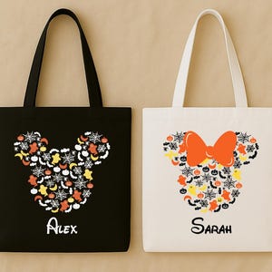 Custom Mickey and Minnie Tote Bag, Personalized Halloween Tote, Trick or Treat Bag, Custom Name Tote Bag, Mickey Minnie Halloween Style Bag