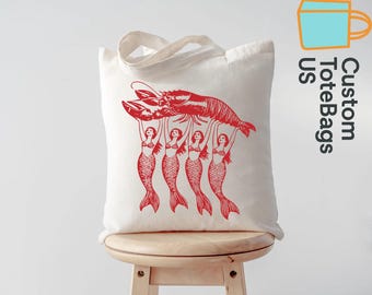 Lobster Mermaid Tote Bag, Coastal Canvas Bag, Nautical Beach Tote, New England Summer Bag