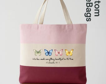 Christian Butterfly Tote Bag, Faith Canvas Bag, Bible Verse Gift for Women