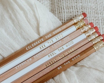 seconds pencils | THE GOOD SET, seconds set of 7 unique pencils, gold foil stamped pencils, office gift, stationery gift, encouragement gift