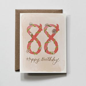 Carte de vœux pour un 88e anniversaire, motif floral aquarelle | Calligraphie | Format A2 (14 x 11 cm), intérieur vierge