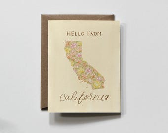 State Of California, Vintage Yellow Floral Greeting Card | A2 Size 5.5x4.25, Blank Interior, Envelope Included