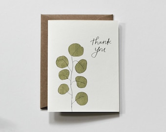 Thank You Card, Minimal Eucalyptus Calligraphy, A2 5.5x4.25 | Envelope Included, Blank Inside - Compostable Sleeve