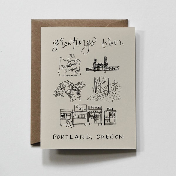 GREETINGS PDX | greeting card, portland greeting card, oregon greeting card, city of roses, forest park, steel bridge, portland food carts