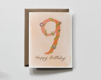 NINE | birthday greeting card, number birthday card, ninth birthday card, watercolor birthday card, floral birthday card, 9th birthday