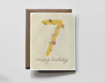 Seven Year Old Bday, Calligraphy Birthday Card | Printed A2 | Coordinating Envelope, Blank Inside