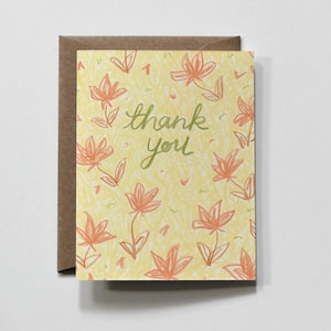 Fleurs lumineuses MERCI | carte de voeux florale jaune et pêche, carte de remerciement, carte de remerciement de couleur pastel printanière, carte florale