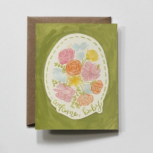 BLOEMEN WELKOM BABY | bloem babyshowerkaart, kleurrijke bloemboeketkaart om baby te verwelkomen, kaart voor babycadeau, babyshowerkaart