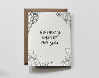 Birthday Card, Floral Calligraphy Bouquet A2 | Matte Paper, Blank Interior, Envelope Included, Compostable Sleeve