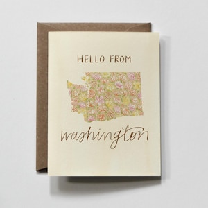 WASHINGTON | state of washington greeting card, hello from washington card, yellow floral washington travel tourist card, washington state